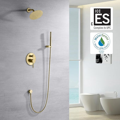 sumerain Brushed Gold Shower Faucet System with high pressure 8 Inches rain shower head and brass hand shower, Rough-In Valve Body and Trim Included - Image 2