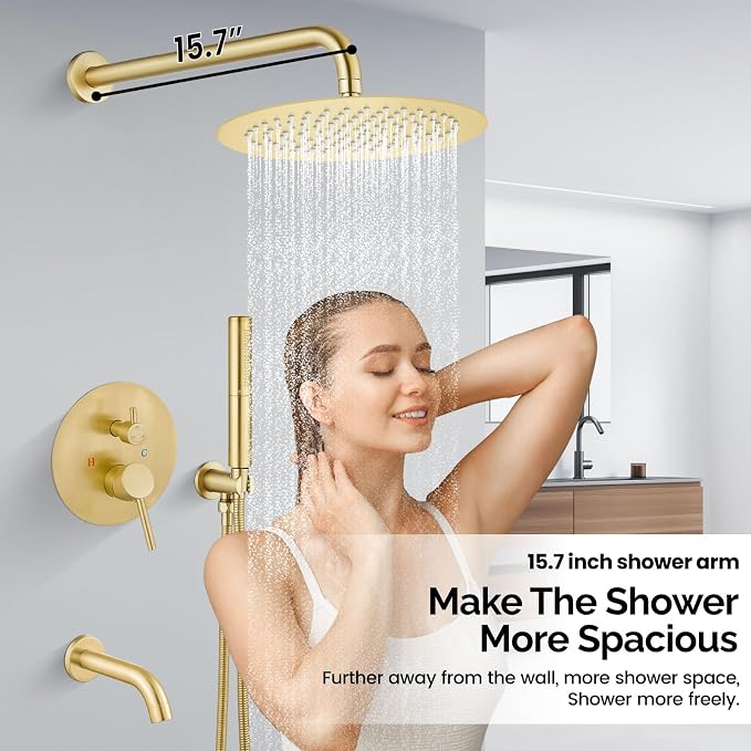 Airuida 3-Function Rain Shower System Set – Wall Mount Tub Shower Combo with Handheld Shower and Tub Spout,12 Inch Shower Head,Brushed Gold - Image 7