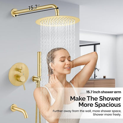Airuida 3-Function Rain Shower System Set – Wall Mount Tub Shower Combo with Handheld Shower and Tub Spout,12 Inch Shower Head,Brushed Gold - Image 7