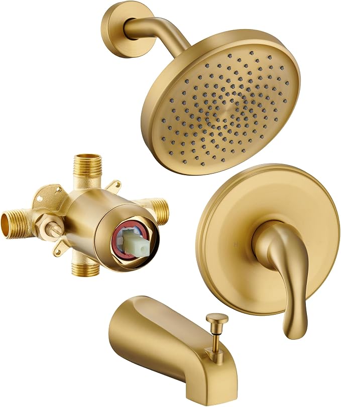 Brushed Gold Shower Tub Faucet Set With Valve - Gold Shower Head and Handle Set, Shower Faucet Set With 6 Inch Rain shower Head and Tub Spout, High-Pressure Tub Shower Trim Kit by FROPO