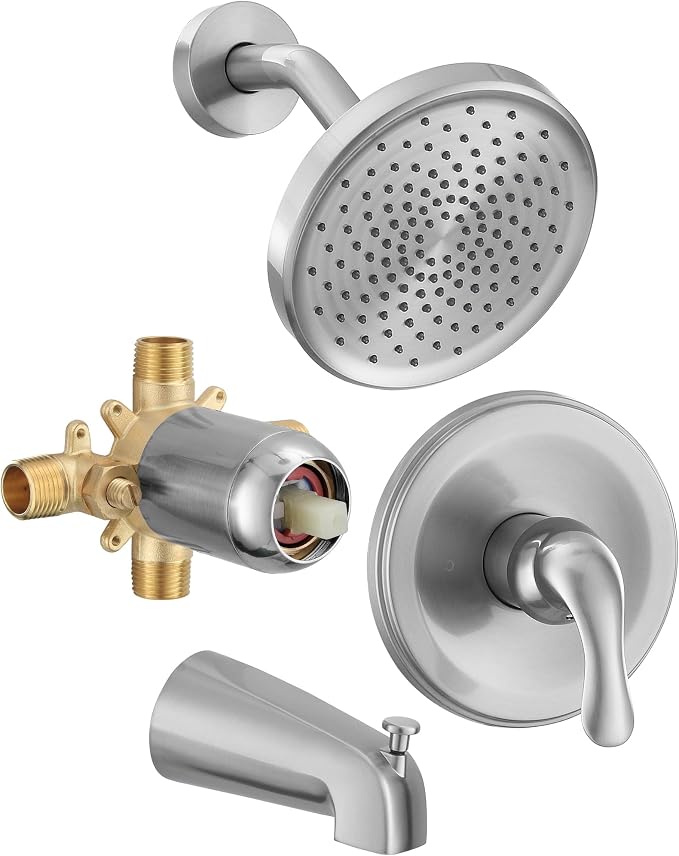 Tub Shower Faucet Set with Valve, Tub and Shower Faucet Set Complete Brushed Nickel, Single-Handle Tub and Shower Trim Kit with High-Pressure 6 Inch Rain Shower Head and Tub Spout by FROPO