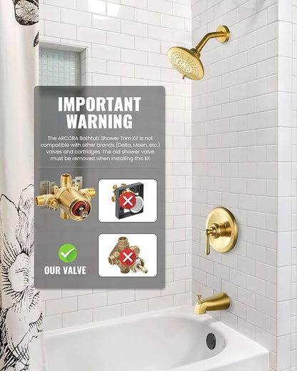 Shower Faucet Set Brushed Gold: Single Handle Bathtub Trim Kit with 6 Inch Rain Shower Head and Tub Spout, High Pressure Faucet Set for Bathtub (Brass Valve Included) - Image 6