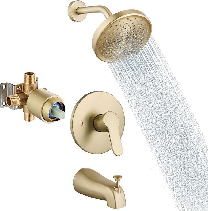 Aolemi Tub Shower Faucet Set With Valve Wall Mount Shower Trim Kit 6 Inch Bathtub Fixtures Rough-in Valve Single-Spray Shower Head System 5.3 Inch Tub Spout Brushed Gold Modern by Aolemi