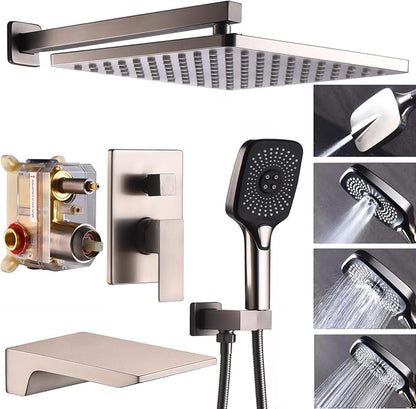 Shower System with Tub Spout 10 Inch Overhead Shower 4 Setting Handheld Spray Rough In Pressure Balance Valve Body with Trim Kit Wall Mounted Rainfall Bathtub Shower Faucet Set (Brushed Nickel) by YESIMI