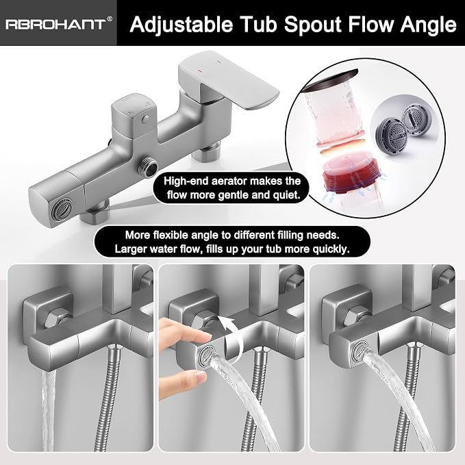RBROHANT Brushed Nickel Exposed Shower System with Tub Spout, Exposed Shower Fixtures for Bathroom with Brass 3-Functional Valve, Shower Height Adjustable, Wall Mounted - Image 5