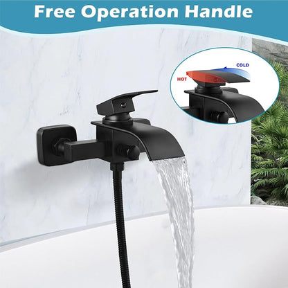 Midanya Wall Mount Bathtub Faucet with Handheld Spray Waterfall Tub Filler Single Handle Bathroom Tub Mixer Tap Hand-Shower System with Curved Spout Commercial,Matte Black - Image 8