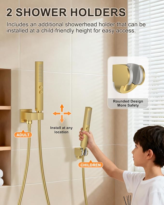 Brushed Gold Shower System with Tub Spout, Wall Mounted Bathtub Shower Faucet Set, 12" Rainfall Shower Head and Handheld Shower Combo, High Pressure Shower Fixtures Set with Rough-in Valve - Image 9