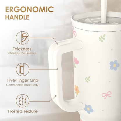 Floral 40oz Slider Tumbler with Handle and Straw - Insulated Stainless Steel Travel Coffee Mug for Women Girls, Gift for Birthday Christmas - Image 3