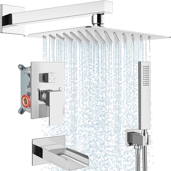 Midanya Rain Shower System Tub Shower Faucet Set Square Rainfall Waterfall Shower Head with Handheld Sprayer Tub Spout Combo Wall Mounted bathtub faucet set Rough-in Valve, 12 Inch Polish Chrome by Midanya