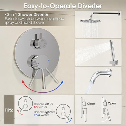 Gabrylly Shower System with Tub Spout, Bathtub Shower Faucets Set with 3-Way Shower Valve, High Pressure 10" Rain Shower head with Handheld Spray Combo, Wall Mounted Rainfall Shower Head Set, Chrome - Image 6