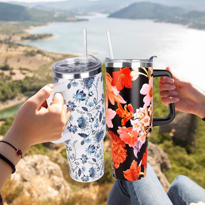 SYACOT 40 oz Tumbler with Handle and Straw Stainless Steel Insulated Tumbler Leak Proof Lid and Straw Lid Reusable Travel Mug Coffee Mug Cup Dishwasher Safe Keep Drinks Cold and Hot (Jasmine) - Image 6