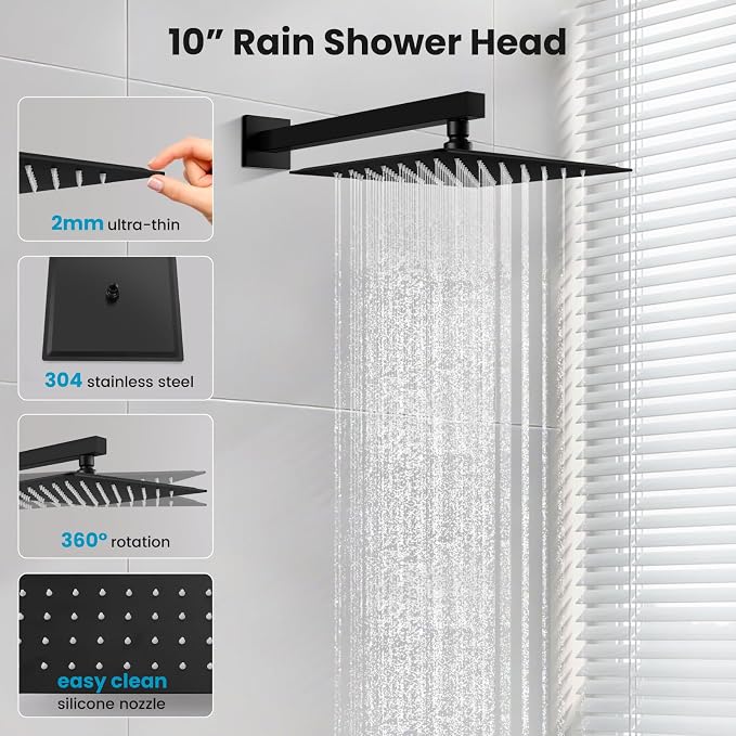 gotonovo 10'' Rain Shower Faucet System Rainfall Shower Head with Handheld Sprayer Waterfall Tub Spout Wall Mounted Mixer Combo Rough-in Valve and Trim Included 5.7 Inch Wide Spout Matte Black - Image 4