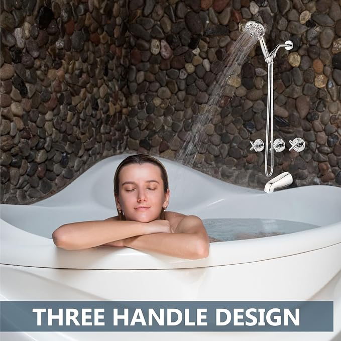 Aolemi 3 Handles Tub Shower Faucet Set with Valve Bathtub Combo Set Shower System Complete Trim Kit Wall Mounted Polish Chrome - Image 8