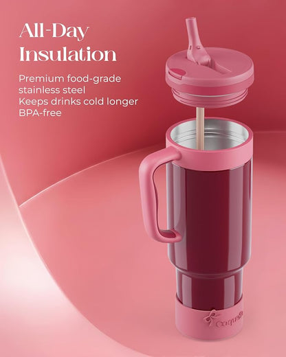 40 oz Insulated Tumbler with Handle and Push-Button Straw Lid, Stainless Steel Travel Cup for Gym Office, Leakproof, BPA-Free, Cup Holder Friendly, Bow Silicone Boot, Red (Wine Burgundy) - Image 4