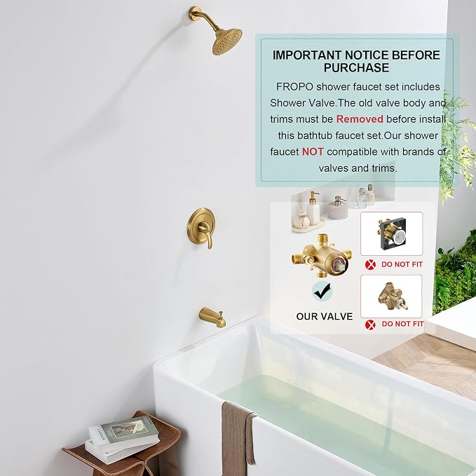 Brushed Gold Shower Tub Faucet Set with Valve, 6-Inch Gold Shower Head and Handle Set, High Pressure Shower Tub Trim Kit, Bathroom Shower Faucet Set With Shower Head and Tub Spout - Image 2