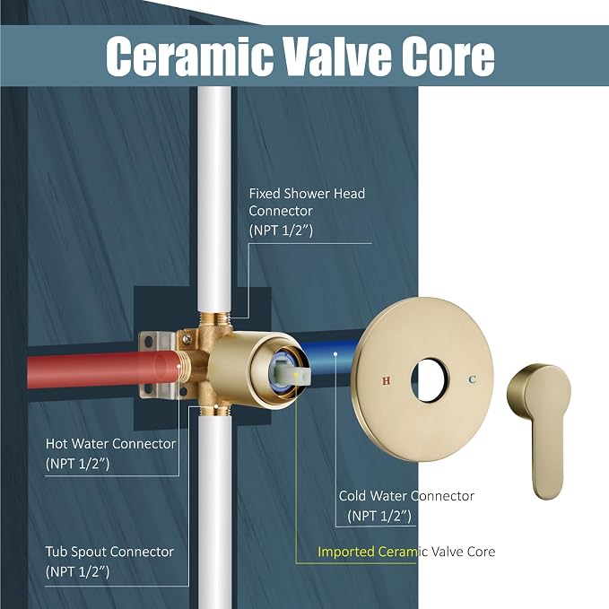 Aolemi Tub Shower Faucet Set With Valve Wall Mount Shower Trim Kit 6 Inch Bathtub Fixtures Rough-in Valve Single-Spray Shower Head System 5.3 Inch Tub Spout Brushed Gold Modern - Image 7