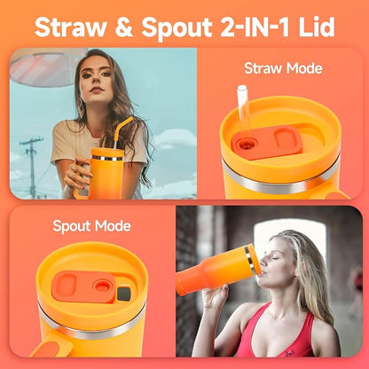 40oz Tumbler with Handle and Straw Spout 2-in-1 Lid, Spill Leak Proof Insulated Travel Cup Traveler Water Mug Keep Cold Hot, Dishwasher Safe Stainless Steel Bottle Gifts for Women Men, Ombre Orange - Image 4