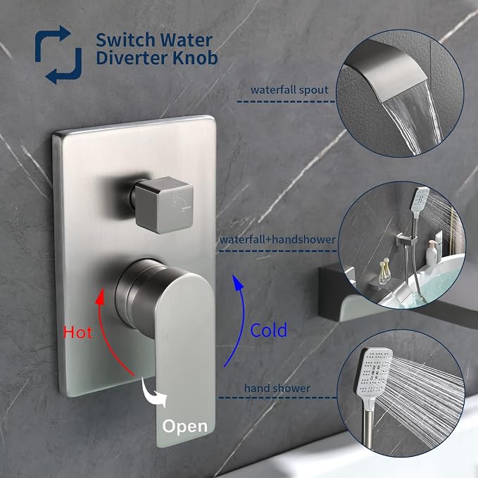 Tub Filler Faucet with Hand Shower Bath Tub Faucets with Rough-in Valve Trim Kit Wall Mounted Waterfall Bathtub Faucets Brushed Nickel - Image 4