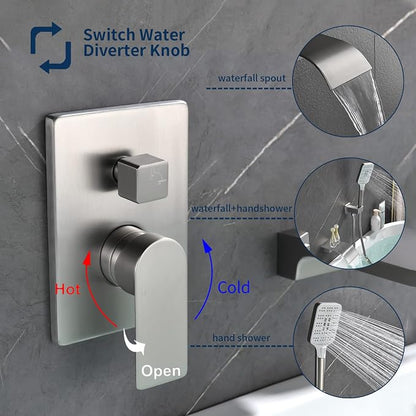 Tub Filler Faucet with Hand Shower Bath Tub Faucets with Rough-in Valve Trim Kit Wall Mounted Waterfall Bathtub Faucets Brushed Nickel - Image 4