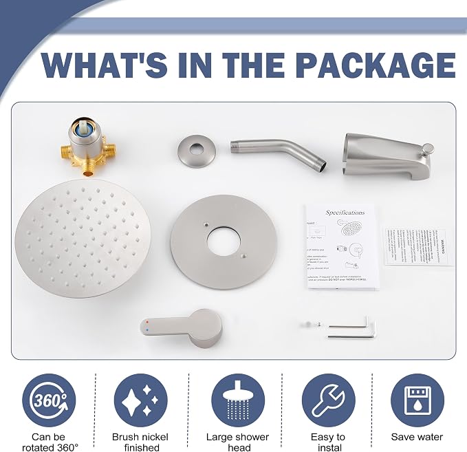 Tub Shower Faucet, Brushed Nickel Shower Faucet Set with 8-Inch All-Metal Rainfall Showerhead and Bathtub Spout, Single-Handle Tub Shower-Trim Kit Included Valve, Brushed Nickel - Image 9