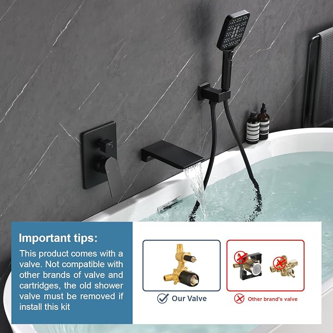 Wall Mount Waterfall Bathtub Faucets with Sprayer Tub Filler Faucet Tub Shower Faucet Set with Rough-in Valve Trim Kit Matte Black - Image 2