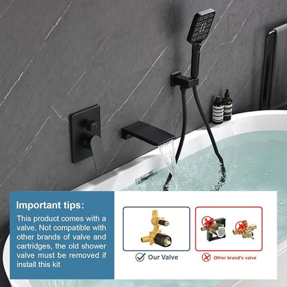 Wall Mount Waterfall Bathtub Faucets with Sprayer Tub Filler Faucet Tub Shower Faucet Set with Rough-in Valve Trim Kit Matte Black - Image 2