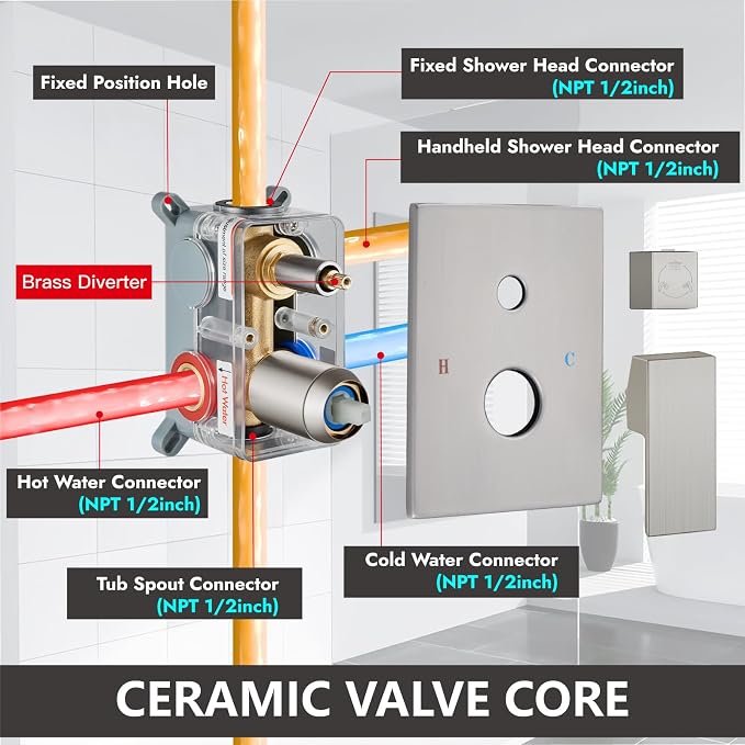 Midanya Rain Shower System Tub Shower Faucet Set Square Rainfall Waterfall Shower Head with Handheld Sprayer Tub Spout Combo Wall Mounted bathtub faucet set Rough-in Valve, 8 Inch Brushed Nickel - Image 6