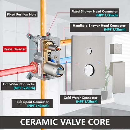 Midanya Rain Shower System Tub Shower Faucet Set Square Rainfall Waterfall Shower Head with Handheld Sprayer Tub Spout Combo Wall Mounted bathtub faucet set Rough-in Valve, 8 Inch Brushed Nickel - Image 6