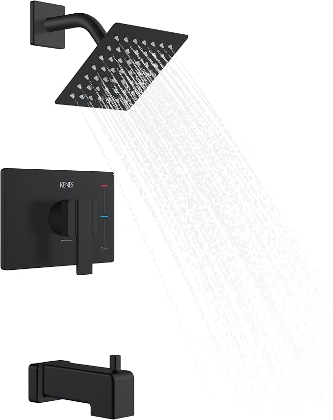 KENES Tub Shower Faucet Set Complete, Matte Black Tub and Shower Trim Kit with 6-Inch Rain Shower Head, Square Shower System, KE-6025A-2 (Shower Valve Included) by KENESBathroomKitchen