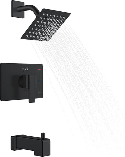 KENES Tub Shower Faucet Set Complete, Matte Black Tub and Shower Trim Kit with 6-Inch Rain Shower Head, Square Shower System, KE-6025A-2 (Shower Valve Included) by KENESBathroomKitchen