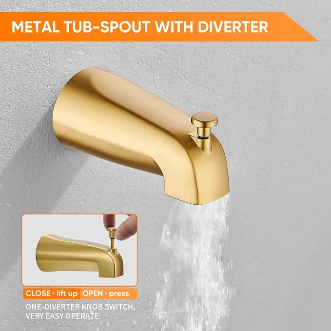 Brushed Gold Tub Shower Faucet Set Complete with 6-Inch Rainfall Shower Head and Tub Spout Included Shower Valve Tub Shower Trim Kit Round - Image 6