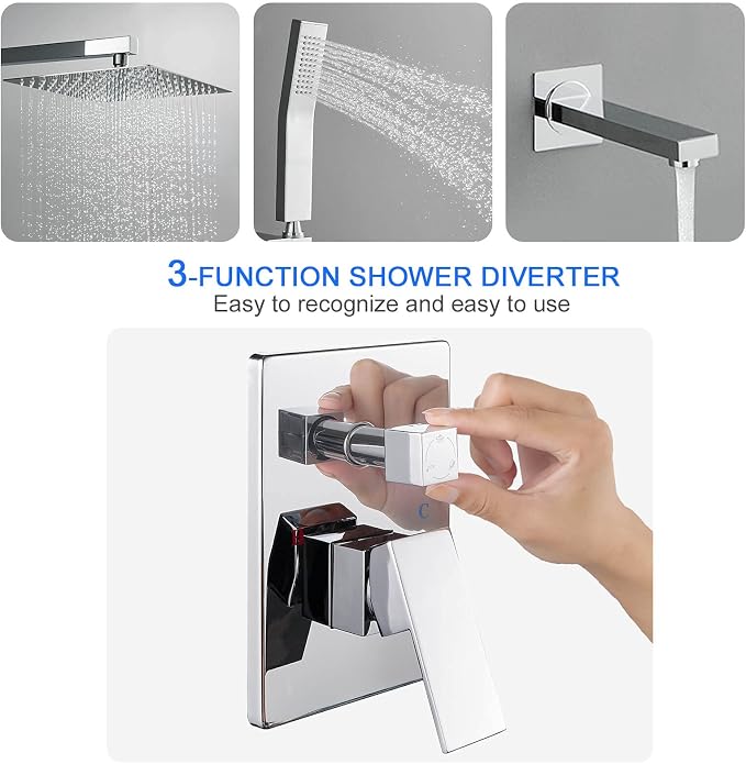 ROVOGO Bathtub Shower Faucet Set with Valve, Shower System with Tub Spout, 10-in. Rain Shower and Handheld, Square Shower Fixtures All Metal Wall Mount, Chrome - Image 4
