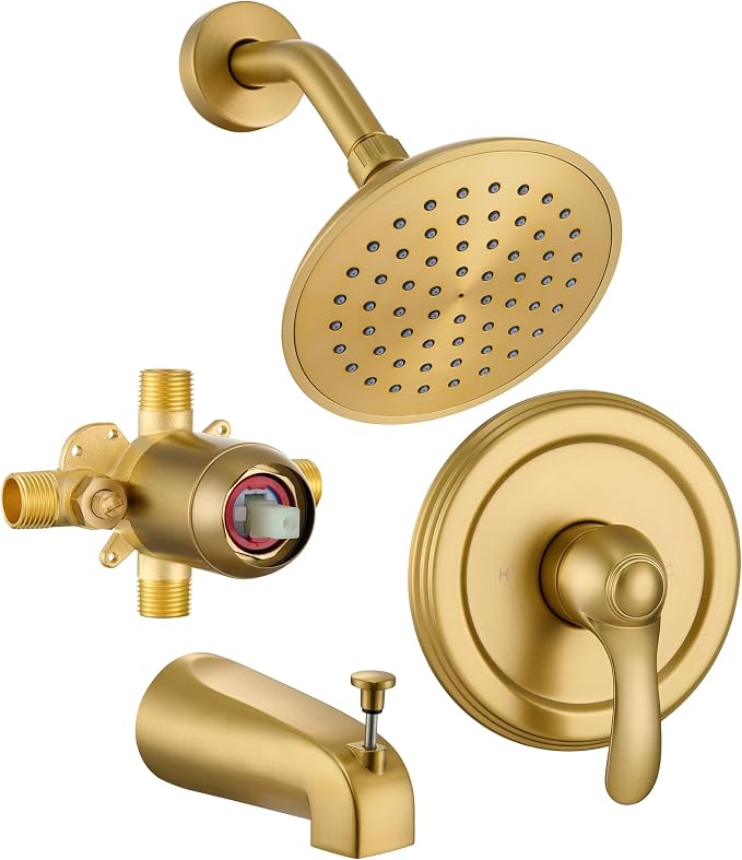 Brushed Gold Shower Tub Faucet Set with Valve, 6-Inch Gold Shower Head and Handle Set, High Pressure Shower Tub Trim Kit, Bathroom Shower Faucet Set With Shower Head and Tub Spout by FROPO