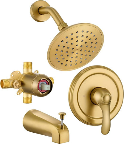 Brushed Gold Shower Tub Faucet Set with Valve, 6-Inch Gold Shower Head and Handle Set, High Pressure Shower Tub Trim Kit, Bathroom Shower Faucet Set With Shower Head and Tub Spout by FROPO