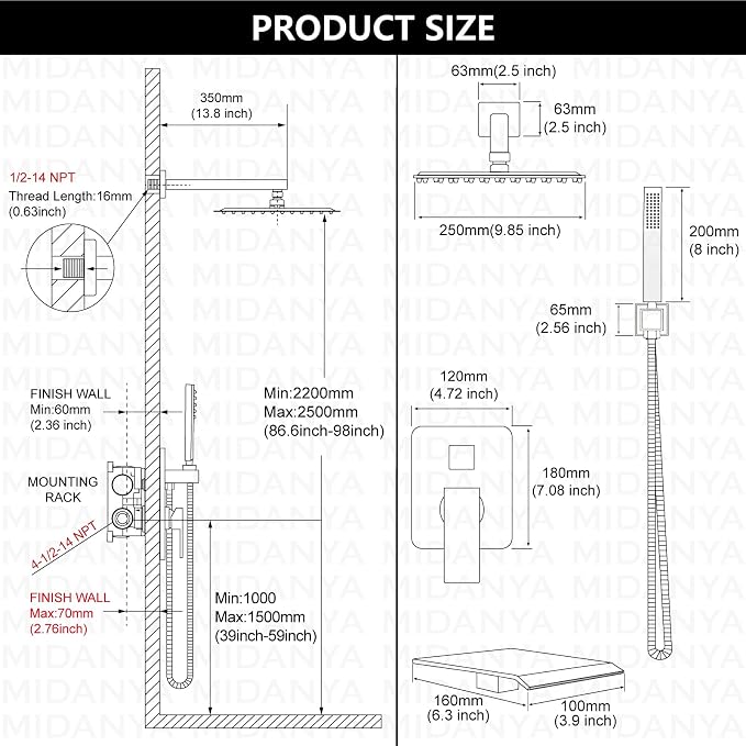 Midanya Rain Shower System with Tub Spout,Tub Shower Faucet Set with rainfall Shower Head and Handheld Spray,Wall Mount Tub Shower Combo Rough-in Valve Included,10 Inch Brushed Nickel - Image 6