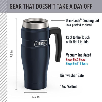 THERMOS Stainless King Vacuum-Insulated Travel Mug with Handle - 16oz, Midnight Blue - Thermos Tumbler for Hot & Cold Drinks - Leak & Sweat-Proof Stainless Steel Coffee Mug with Lid for Commuting - Image 2