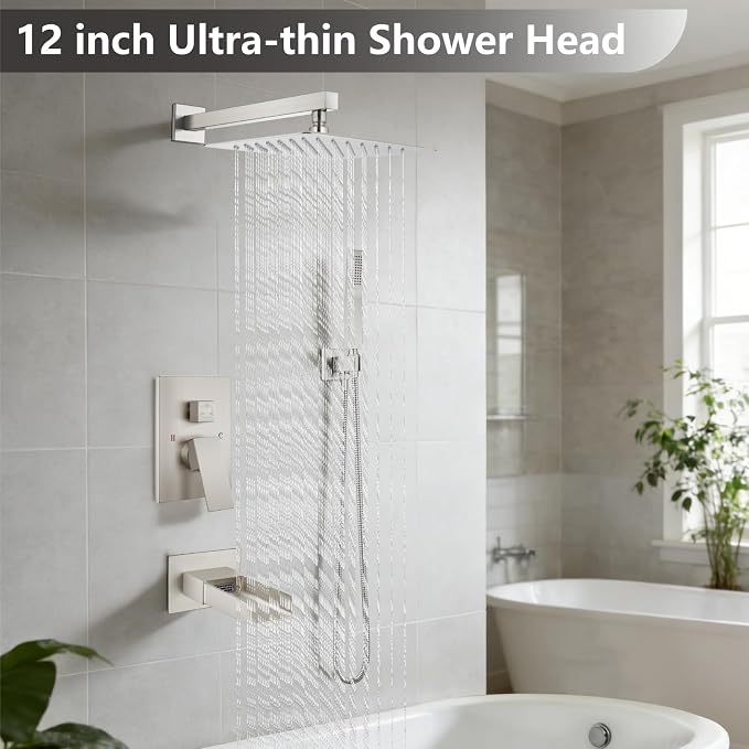 Midanya Rain Shower System Tub Shower Faucet Set Square Rainfall Waterfall Shower Head with Handheld Sprayer Tub Spout Combo Wall Mounted bathtub faucet set Rough-in Valve, 12 Inch Brushed Nickel - Image 2