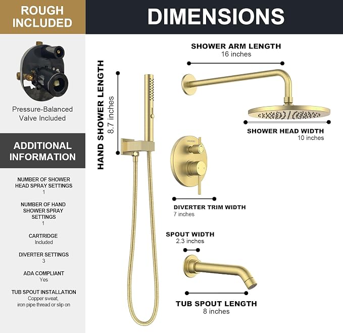 Lava Odoro Modern 3-Setting Round Rain Bathtub and Shower Faucet Set, Gold Rainfall Shower Head and Handle Set, Rain Shower System with Tub Spout, Shower Valve Trim Kit, Brushed Gold, SF104-SG-T - Image 7