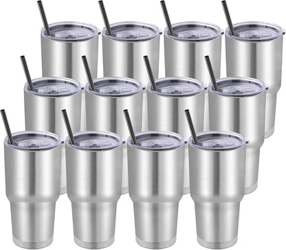 DOMICARE 30 oz Tumbler with Lid and Straw, Stainless Steel Tumblers Bulk, Insulated Vacuum Double Wall Travel Coffee Mug, Durable Powder Coated Tumbler Cups (Stainless Steel, 12) by VisittheDOMICARE