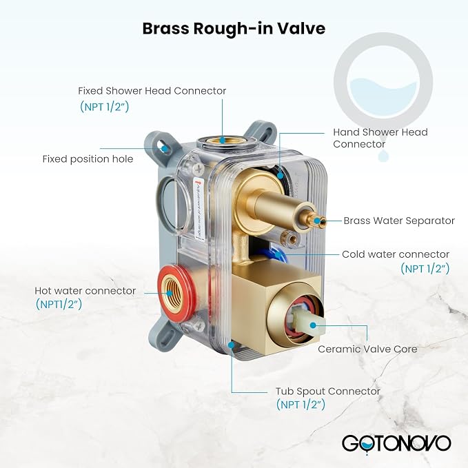 gotonovo Shower System with Tub Spout,Waterfall Tub Shower Faucet Set for Bathroom Head and Handle Set Wall Mounted 3 Function Rough-in Valve and Trim Included 10 inch Shower Head Brushed Gold - Image 6