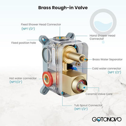 gotonovo Shower System with Tub Spout,Waterfall Tub Shower Faucet Set for Bathroom Head and Handle Set Wall Mounted 3 Function Rough-in Valve and Trim Included 10 inch Shower Head Brushed Gold - Image 6