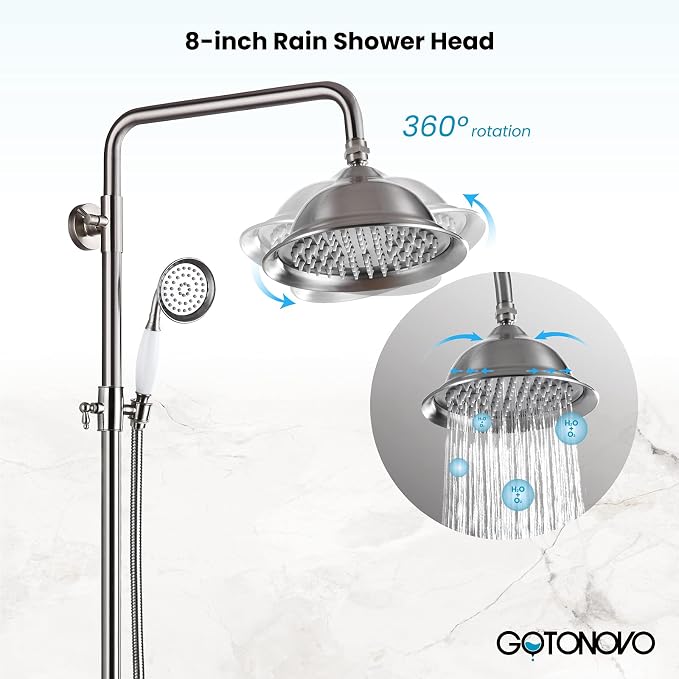 gotonovo Bathroom Exposed Shower Faucet Outdoor Shower System 8 Inch Rainfall Shower Head Set with Tub Spout and Handheld Spray Double Cross Handles Wall Mount without Shower Shelf Brushed Nickel - Image 3