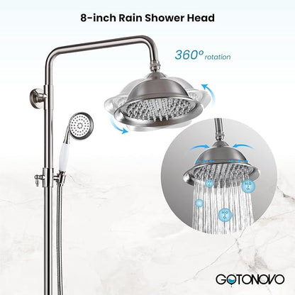 gotonovo Bathroom Exposed Shower Faucet Outdoor Shower System 8 Inch Rainfall Shower Head Set with Tub Spout and Handheld Spray Double Cross Handles Wall Mount without Shower Shelf Brushed Nickel - Image 3