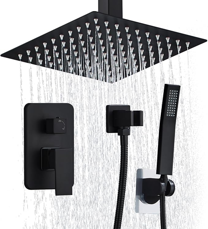 12 Inch Shower Faucet Set Ceiling Mount, High Pressure Rainfall Shower System, Square Rain Shower Spray Combo Luxury Shower Fixtures Matte Black by RTOBWEYE