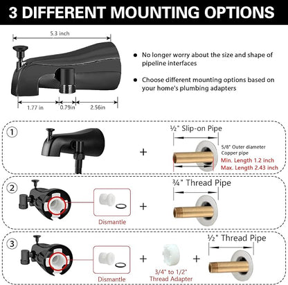 Black Tub Spout with Diverter,10 Settings High Pressure Hand held Shower with ON/OFF Pause Switch, All Metal Bathtub Faucet with Sprayer - Image 4