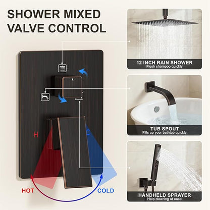 Oil Rubbed Bronze Shower System with Tub Spout, Ceiling Mounted Bathtub Shower Faucet Set, 12" Rainfall Shower Head and Handheld Shower Combo, High Pressure Shower Fixtures Set with Rough-in Valve - Image 5
