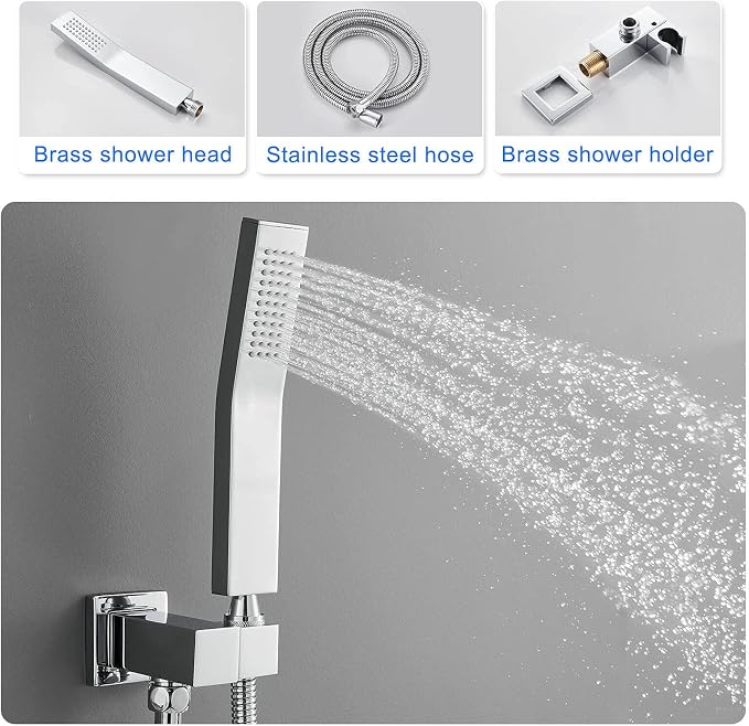 ROVOGO Bathtub Shower Faucet Set with Valve, Shower System with Tub Spout, 10-in. Rain Shower and Handheld, Square Shower Fixtures All Metal Wall Mount, Chrome - Image 6