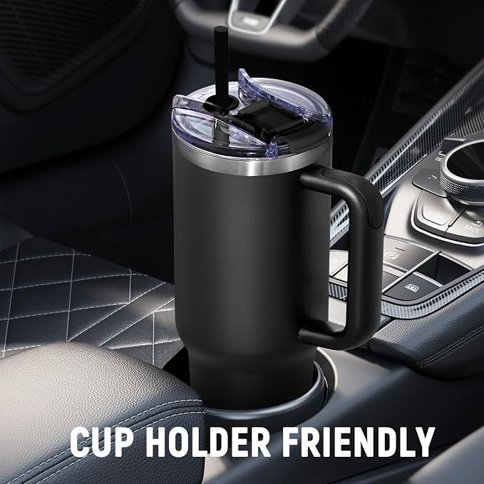 40 oz Tumbler with Handle and Straw Lid,Insulated Reusable Stainless Steel Water Bottle Travel Mug，Cupholder Friendly Double Wall Vacuum Sealed Cup (Black) - Image 4