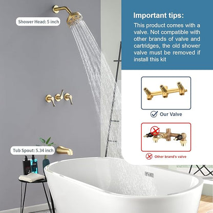 3 Handles Shower Faucet Set with Tub Spout Bathtub Shower Faucet Combo Set Shower System Complete Tub and Shower Trim Kit Brushed Gold Shower Set - Image 2
