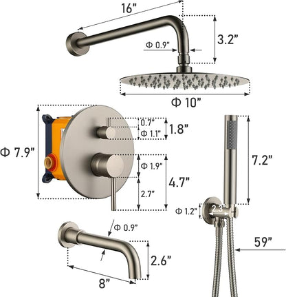 MONDAWE Round Shower Faucet Set with Tub Spout, Wall Mounted Shower System 10 Inch Rainfall Shower Head with Handheld Combo, Brushed Nickle High Pressure Shower Faucets Sets Complete - Image 6